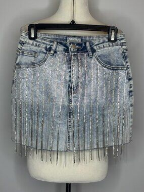 Blueb Collection - Denim Mini Skirt w/ Rhinestone Tassels